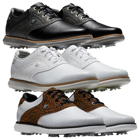 FootJoy Ladies Traditions Golf Shoes Four pairs of golf shoes are displayed stacked vertically showcasing different colors and designs including black leather with gray accents white leather with decorative perforations and a white pair with a brown leopard print upper.