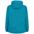 A teal jacket with a hood is displayed hanging straight. The style is casual with elastic cuffs and a logo on the back, suitable for outdoor activities in various weather conditions.