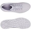 A white sneaker with a sleek design showcases a textured upper and a cushioned insole labeled with the brand Skechers and the phrase Air Cooled MEMORY FOAM on a plain background.