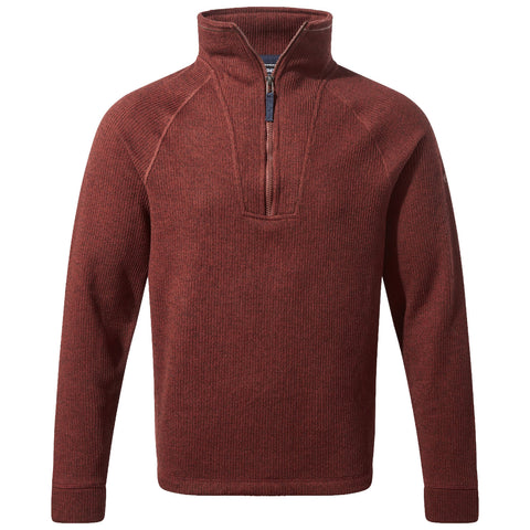 A red pullover sweater with a quarter zip features long sleeves and a ribbed texture designed for warmth in a casual or outdoor setting.