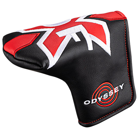 A black and red golf putter cover is resting upright showcasing its padded structure and embroidered designs with the brand name Odyssey prominently displayed in white on the side.