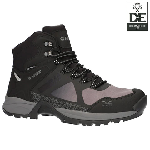 A black and grey hiking boot features a waterproof design with a high ankle, laces, and a textured sole suitable for outdoor activities. The boot is shown against a white background.