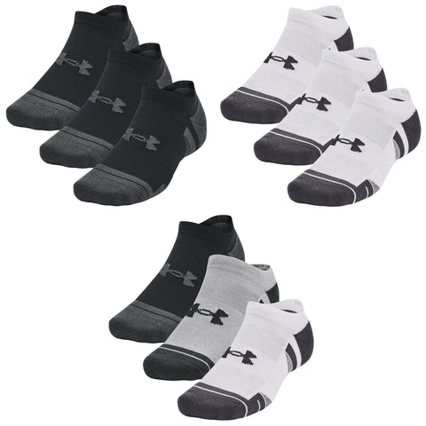 Six pairs of ankle socks are displayed in two color sets black and dark gray on one side and white and gray on the other with the Under Armour logo visible on each pair