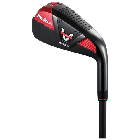 A black and red golf club with a sleek design features the brand name MacGregor and the model name VMAX SPEED prominently displayed on the head.