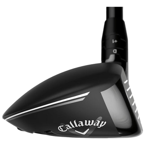 A golf driver clubhead sits angled with a streamlined design featuring a black finish and white accents while the brand name Callaway is prominently displayed on the front side.