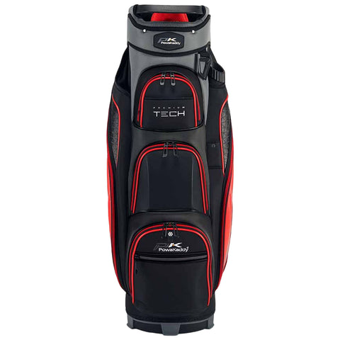 A black and red golf bag stands upright featuring multiple zippered compartments and a padded top for club storage set against a plain background.