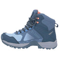 A hiking boot features a high ankle design with blue and gray color accents and a rugged sole. It is positioned upright against a plain background, suggesting readiness for outdoor activities.