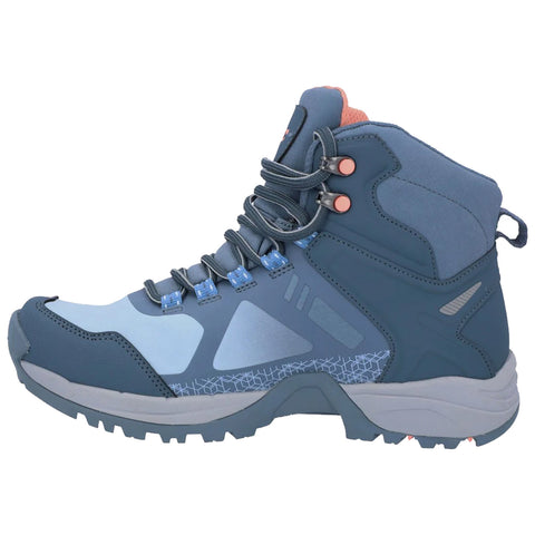 A hiking boot features a high ankle design with blue and gray color accents and a rugged sole. It is positioned upright against a plain background, suggesting readiness for outdoor activities.