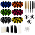 Colorful dart flights in various shapes are arranged alongside sets of metal dart points rubber O-rings and plastic shafts creating a complete dart assembly kit on a white background