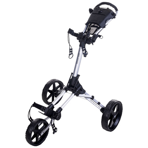 A golf push cart features a metal frame with three large wheels designed for mobility while carrying golf bags and accessories on a course. It includes adjustable straps for securing equipment.