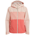 A lightweight jacket in pink and coral colors hangs vertically with a zip front and hood. It is designed for outdoor activities, suitable for varying weather conditions.