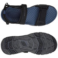 A black sandal with a blue cushioned footbed and adjustable straps is displayed from both the top and bottom views showcasing its textured rubber sole designed for traction.