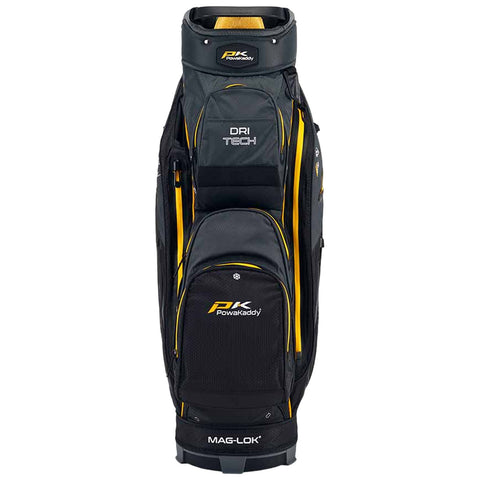 A black golf bag with yellow accents stands upright featuring multiple compartments and a top slot for clubs the bag is labeled with the brand name PowaKaddy and technology details.