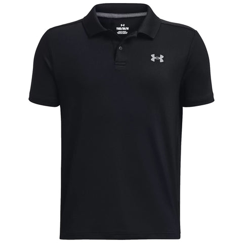 A black polo shirt hangs with a collar and short sleeves displaying the Under Armour logo on the chest featuring a simple design suitable for casual or athletic wear.