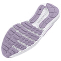 A shoe sole with a lavender rubber pattern is displayed showing grooves and textured surfaces designed for grip and comfort in various terrains typically found in athletic footwear.