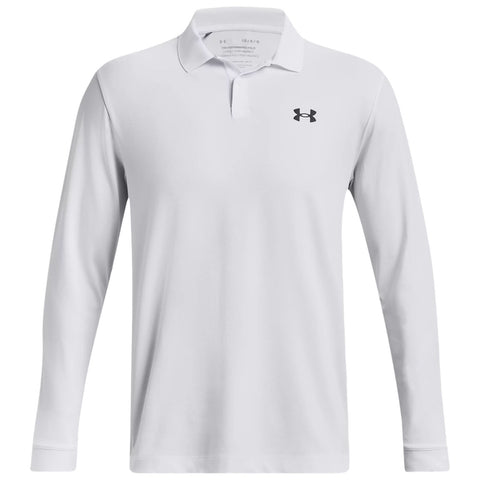 A long-sleeved white polo shirt with a collar is displayed in a frontal view showcasing a small black logo on the chest emphasizing a casual yet sporty appearance.