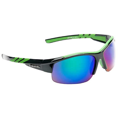 Sunglasses are displayed at an angle featuring a black and vibrant green frame with reflective blue and purple lenses in a neutral background suggesting a display or product showcase.