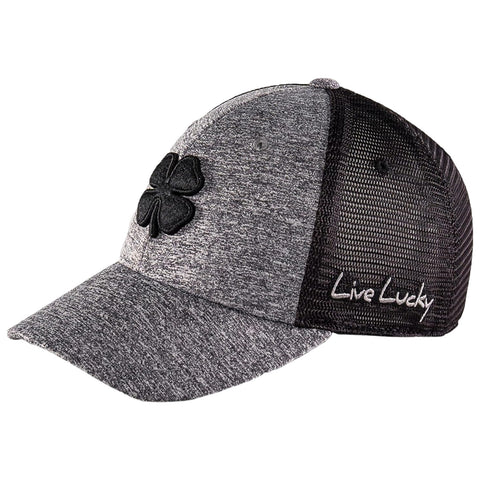 A gray and black baseball cap features a prominent black four-leaf clover on the front and the words Live Lucky embroidered on the side, designed for casual wear.