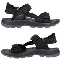 Black outdoor sandals are displayed from two angles. They feature adjustable straps and a rugged sole, suitable for various terrains, offering comfort and support for outdoor activities.