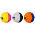 Four colorful golf balls sit in a row. Each ball is divided into two colors with distinct patterns and textures. They are displayed against a plain white background.