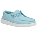 Light blue shoe with a soft fabric upper and white speckled sole sits alone on a plain background showcasing its simple and casual design suitable for everyday wear.