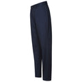 Navy blue pants are displayed upright showcasing a straight-leg design with a waistband and belt loops in a neutral background emphasizing their solid color and fabric texture.