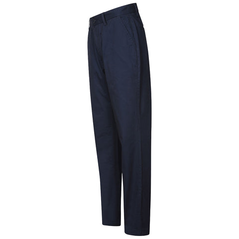 Navy blue pants are displayed upright showcasing a straight-leg design with a waistband and belt loops in a neutral background emphasizing their solid color and fabric texture.