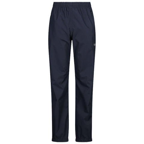 Navy blue windbreaker pants stand upright showcasing a stretchy waistband and elastic cuffs suitable for outdoor activities in potentially windy or rainy conditions. The fabric appears lightweight and weather-resistant.