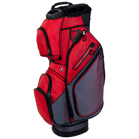 A golf bag in red and gray stands upright featuring multiple zippered pockets for storage showcasing a textured design and a top section for club organization.