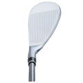 A golf club head is angled upwards showing its shiny metallic surface with grooves for grip the context suggests it is ready for a swing on a golf course.