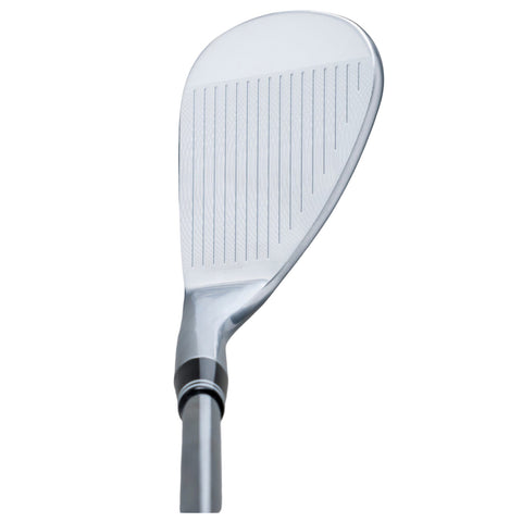 A golf club head is angled upwards showing its shiny metallic surface with grooves for grip the context suggests it is ready for a swing on a golf course.