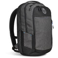 A gray backpack features multiple zippered compartments and side pockets with blue accents, designed for carrying books and supplies, suitable for school or travel.