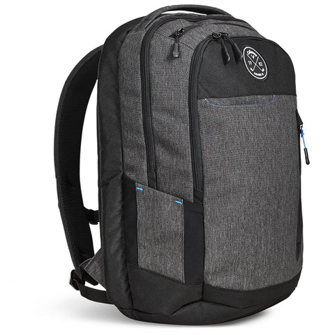 A gray backpack features multiple zippered compartments and side pockets with blue accents, designed for carrying books and supplies, suitable for school or travel.