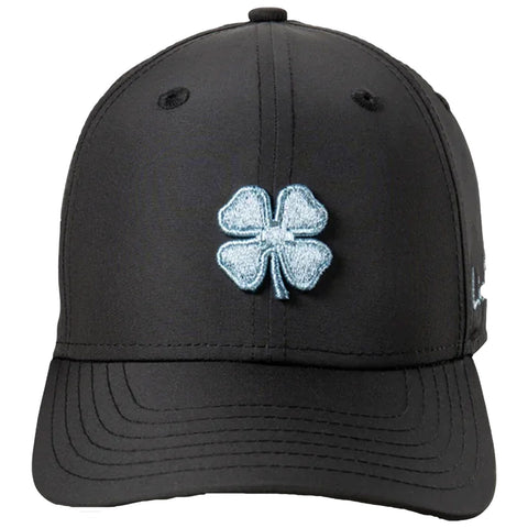 A black baseball cap features a light blue embroidered four-leaf clover on the front and is designed for casual wear, suitable for sunny outdoor activities or everyday fashion.