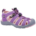 A purple sandal with breathable straps and a rubber sole is positioned at an angle showcasing its outdoor design suitable for various activities and environments.