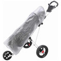 A stroller covered with a transparent rain cover is positioned upright with its wheels visible in a neutral background emphasizing protection against weather elements while remaining functional for transportation.