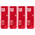 Four red cylindrical containers labeled as "Wilson Performance Padel Ball" stacked side by side each containing three padel balls with text detailing long-lasting features and playing characteristics.