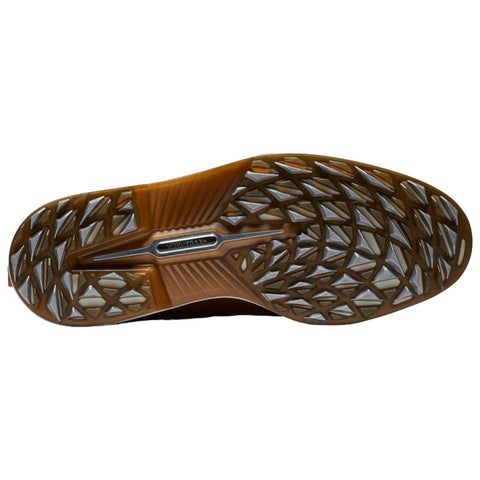 A shoe sole with a textured design is positioned upright showcasing its tread pattern and brand insignia on a neutral background, highlighting its potential for grip and traction.