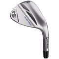 A golf wedge is displayed with a sleek metallic finish and angular grooves on the face. The club is angled slightly, highlighting its design and grip for elevated performance in play.