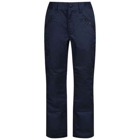 Navy blue pants feature multiple zippered pockets and reinforced knee areas designed for durability and functionality in outdoor or work environments.