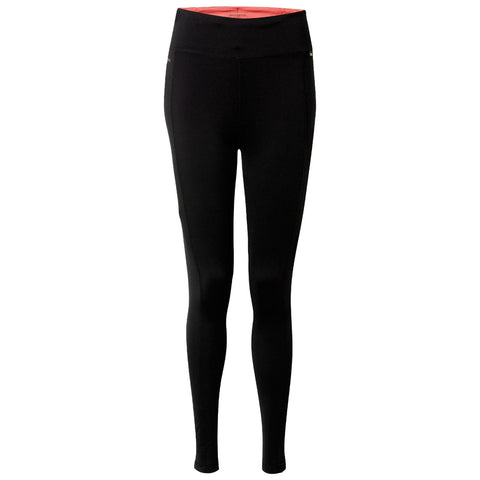 Black leggings with a high waistband displayed upright against a plain background showcasing a smooth fabric texture designed for comfort and flexibility in active wear situations.