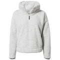 A light gray fleece hoodie with a mid-length zipper is displayed hanging freely showcasing its soft texture and a wide hood intended for casual or cozy wear.