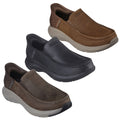 Three pairs of slip-on shoes are presented in various colors including brown black and dark brown displaying a casual style with a sturdy rubber sole and a comfortable design for everyday wear.