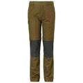 Cargo pants in earthy tones feature a buttoned waist and side pockets with a distinctive color-block design. They are designed for comfort and functionality in outdoor environments.