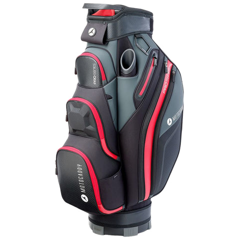 A golf bag stands upright featuring a sleek design with a combination of black and red colors multiple pockets and storage compartments are visible for organizing golf equipment.