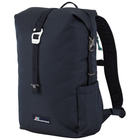 A dark navy backpack stands upright showcasing its sturdy design and adjustable straps it appears functional for daily use in urban or outdoor environments.