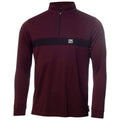 A long-sleeve maroon sweatshirt features a half-zip design with a black horizontal stripe across the chest displaying the logo DKNY in white, suitable for casual or athletic wear.