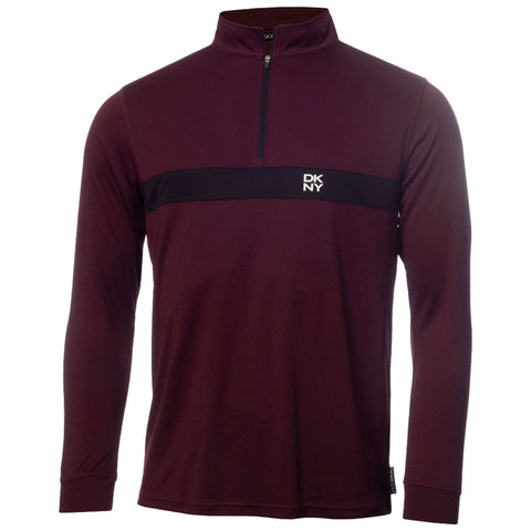 A long-sleeve maroon sweatshirt features a half-zip design with a black horizontal stripe across the chest displaying the logo DKNY in white, suitable for casual or athletic wear.