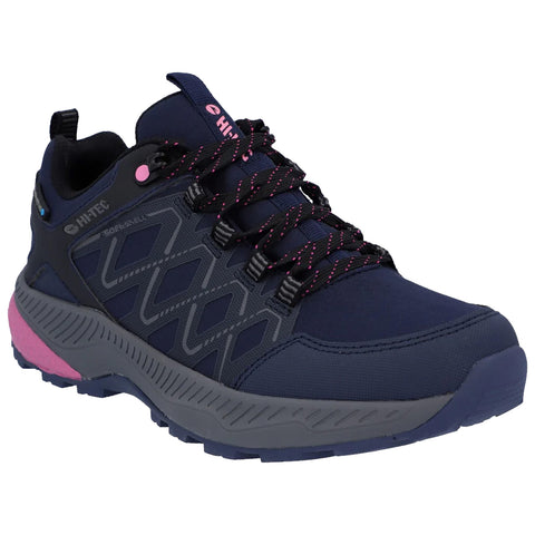 A dark blue hiking shoe features pink accents and black laces with colorful strands. It has a rugged, textured sole designed for outdoor terrain, ideal for activities like hiking or walking.