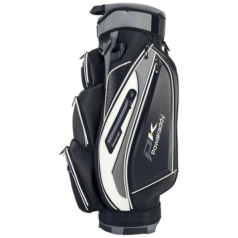 A golf bag stands upright featuring multiple zippered pockets and a sleek design in black and white. It is equipped to hold golf clubs and accessories, suitable for the sport.